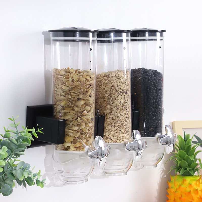 Nueva tarro de almacenamiento de múltiples granos Cocina snack tarro de almacenamiento de alimentos tarro sellado máquina de trigo de Tres barriles montada en la pared