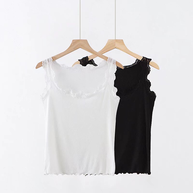 European and American style sexy hot girl solid color lace edge threaded cotton vest slim slimming bottoming lining