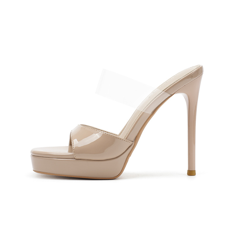 Sandal cao gót nữ mũi vuông quai trong suốt, đế platform, gót nhọn 9 cm — màu hồng nude