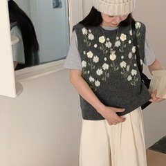韩系甜美立体花朵圆领套头针织马甲2025秋冬新款宽松慵懒风背心潮