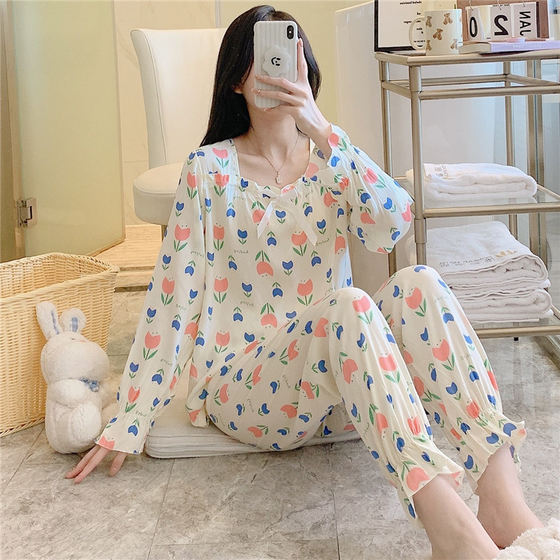 Spring and Autumn Day Cotton Silk Pajamas Women's Long-sleeved Thin Cotton Silk Suit Korean-style Artificial Cotton Loose Home Clothes Plus Size