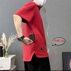 隠れ家サイドポケット半袖tシャツメンズ夏ワッフルラウンドネックアメリカンデザイン感ゆったり半袖tシャツ