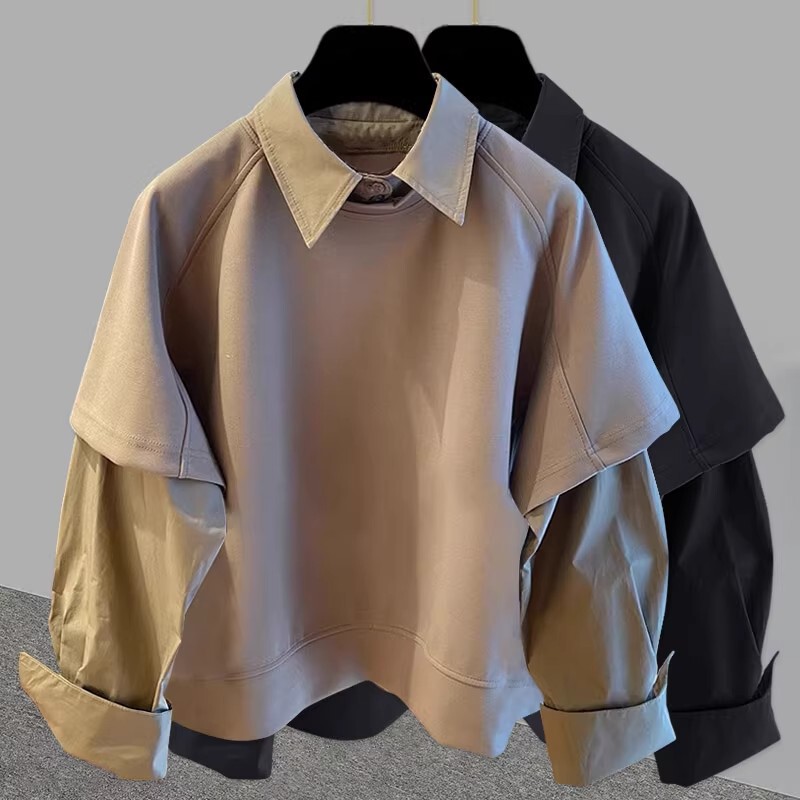 Korean-style Fake Two-piece Long-sleeved Stitching Shirt Sweaters Men's Fashionable Solid Color Casual New Loose High-end Top Clothes