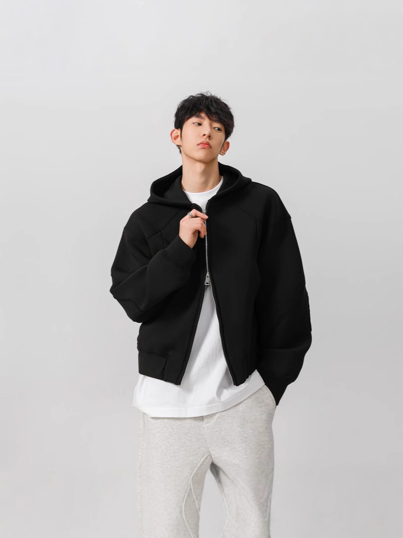 460グラムcleanfitアメリカの重いポンドの短い帽子のダブルジッパーのカーディガンの男性の冬のファッションブランドのコートの服