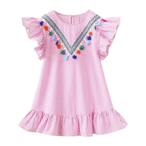 Summer new girls' dress, children's short-sleeved polycotton striped dress, baby girl's Korean style printed children's dress