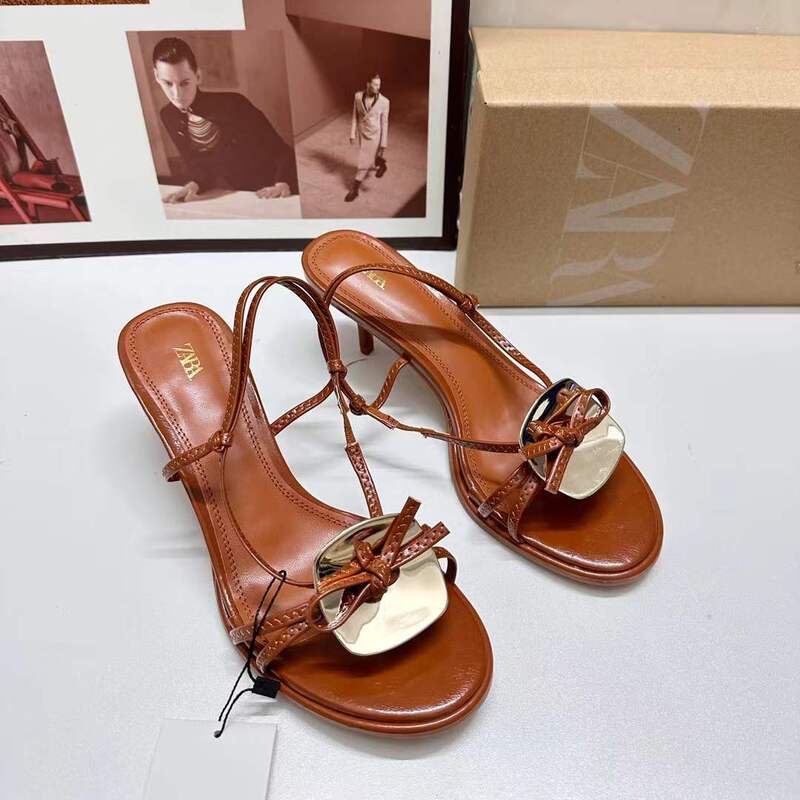 Za2025 Summer New Product Brown Metal-Decorated Trendy Stiletto Sandals for Outdoor Wear Open-Toe Sexy Women's Super High Heels