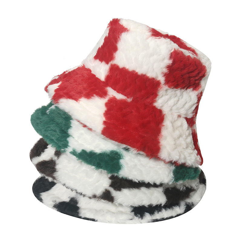 Cross-border Autumn and Winter New ins Japanese and Korean Fashionable Warm Plush Pot Hat Chessboard Plaid Fisherman Hat Women's 2022