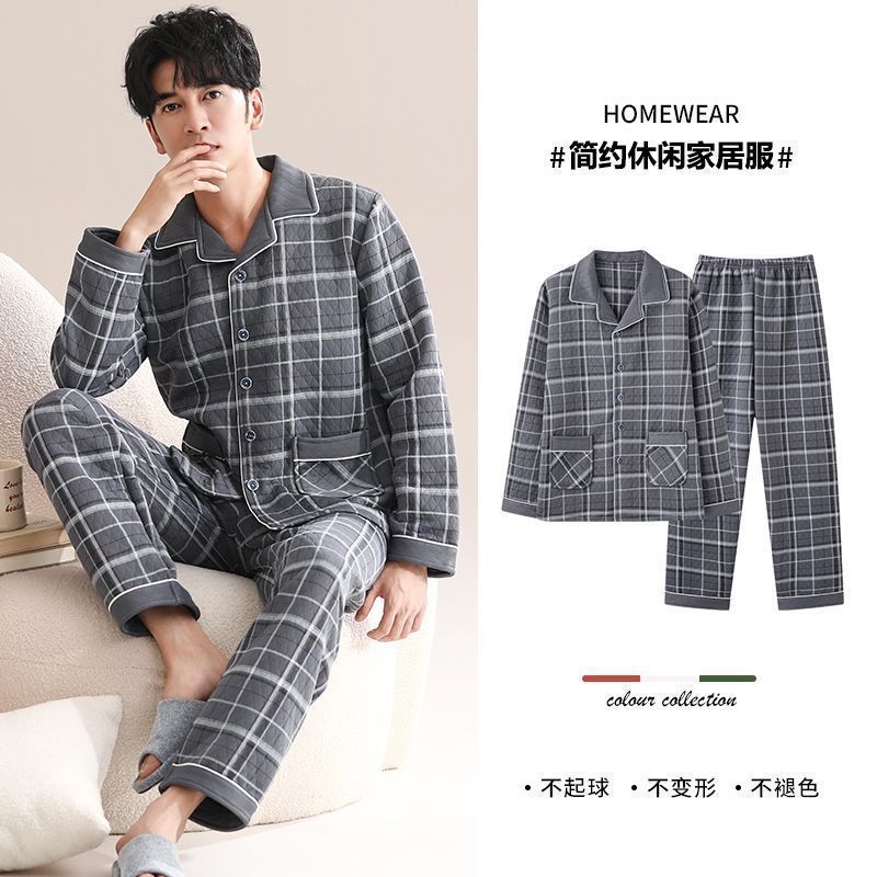 Pijamas de algodón para hombres otoño y invierno caliente capa intercalada gruesa de mangas largas ropa de hogar grande primavera y otoño conjunto de algodón intercalado delgado