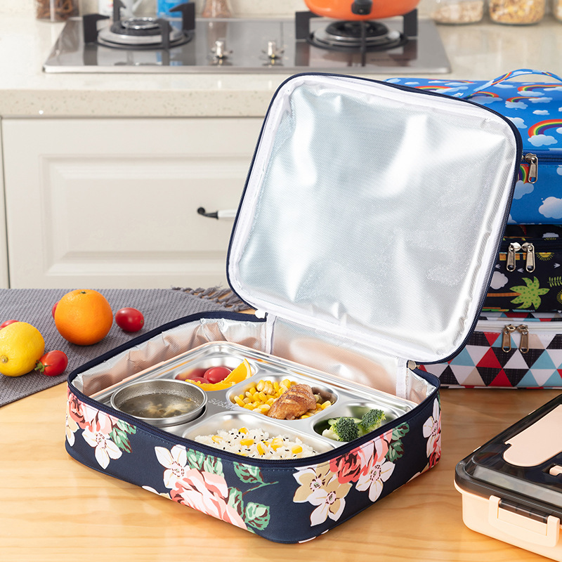 2021 New Square Aluminum Foil Insulation Lunch Bag Children Printed Oxford Cloth Portable Insulation Bag