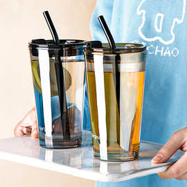 新款韩式极光玻璃杯炫彩吸管咖啡奶茶冷翠牛奶杯450ML带盖双饮杯