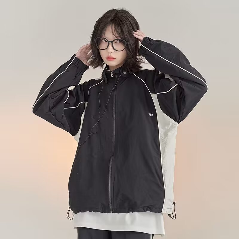 冲锋衣外套女春秋款2024欧货抽绳休闲运动夹克立领风衣棒球服撞色