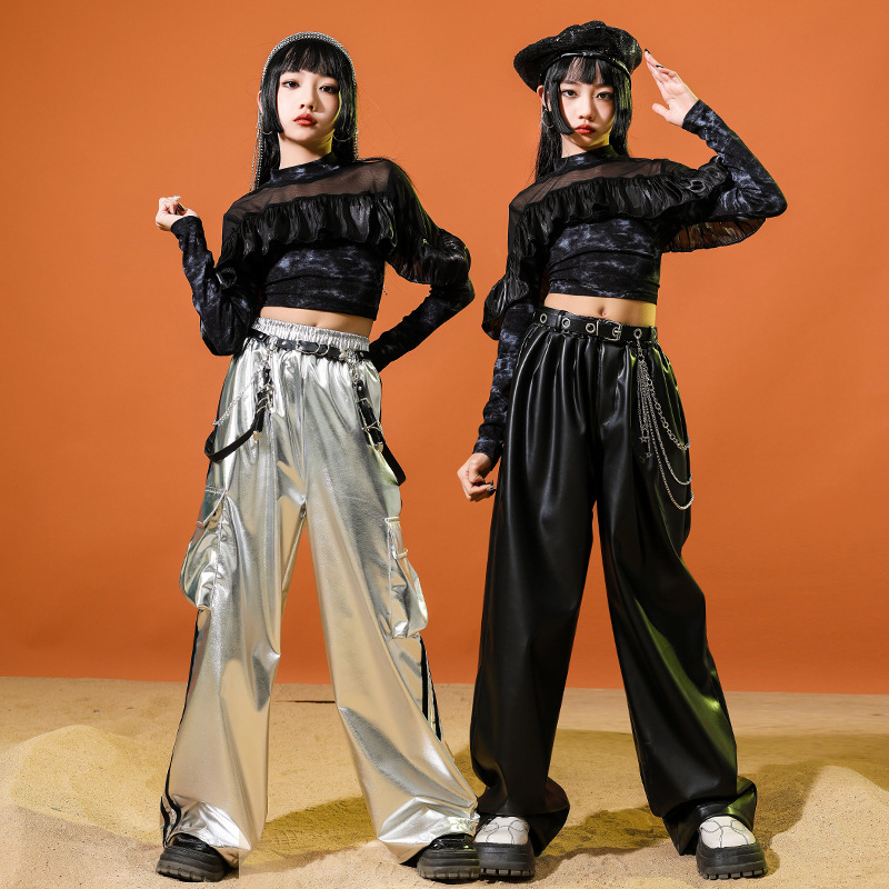 少兒爵士舞服裝露臍網紗上衣皮褲套裝jazz女童街舞潮服元旦演出服