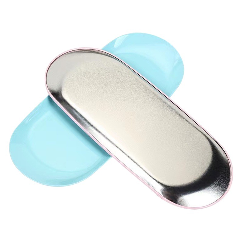 Coreano ins estilo bandeja de joyería de acero inoxidable bandeja de almacenamiento de herramientas de escritorio de manicura bandeja de metal ovalada