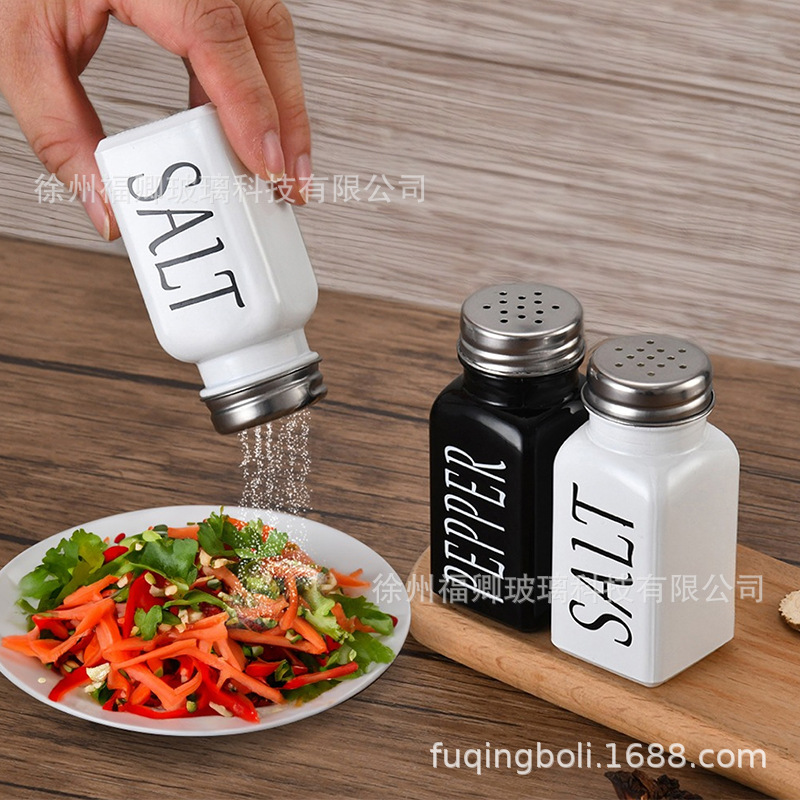 En stock cuadrado condimento botella cocina blanco y negro condimento botella barbacoa condimento botella pimienta y sal MSG sal pimienta botella de vidrio