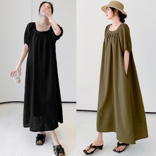 50360#2025 spring and summer new/high-end light luxury temperament casual loose square collar slim dress