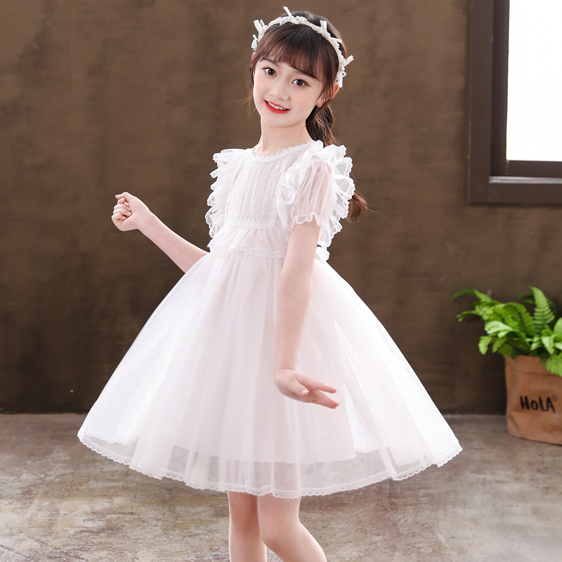 Girls Princess Dress Summer Short-Sleeved Kidsren's White Dress Baby Children's Day Host Small Dress Performance Gauze Skirt
