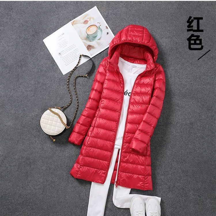 Tik Tok transfronterizo otoño y invierno nuevo chaqueta de plumón ligera de mujeres mediana y larga ropa blanca coreana chaqueta delgada sombrero desmontable