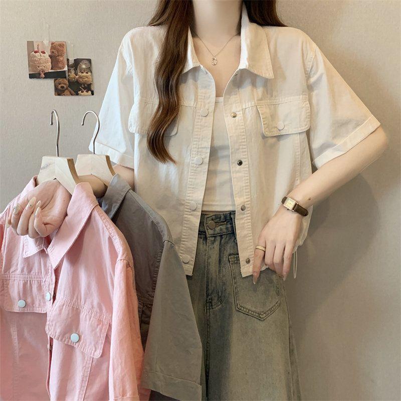 Workwear Style Sky Blue Short-Sleeve Shirt Jacket for Women, Summer 2026, Plus Size, with Drawstring Hem, Outerwear Top