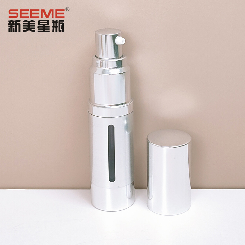 15ml Bright Silver Electrochemical Aluminum Vacuum Bottle, as Material, Press-Type Vacuum Lotion Bottle with Brushed Window, Fully Wrapped Aluminum Cosmetic Container