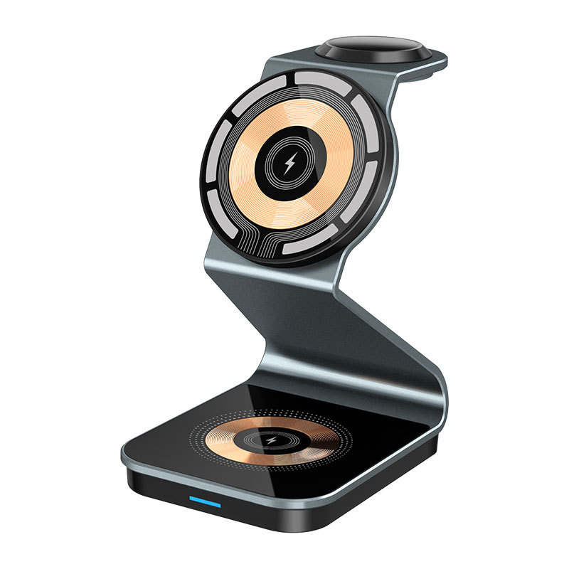 Nuevo soporte vertical transparente magnético 15w del teléfono móvil de la aleación de aluminio del cargador inalámbrico tres-en-uno popular ayuna carga