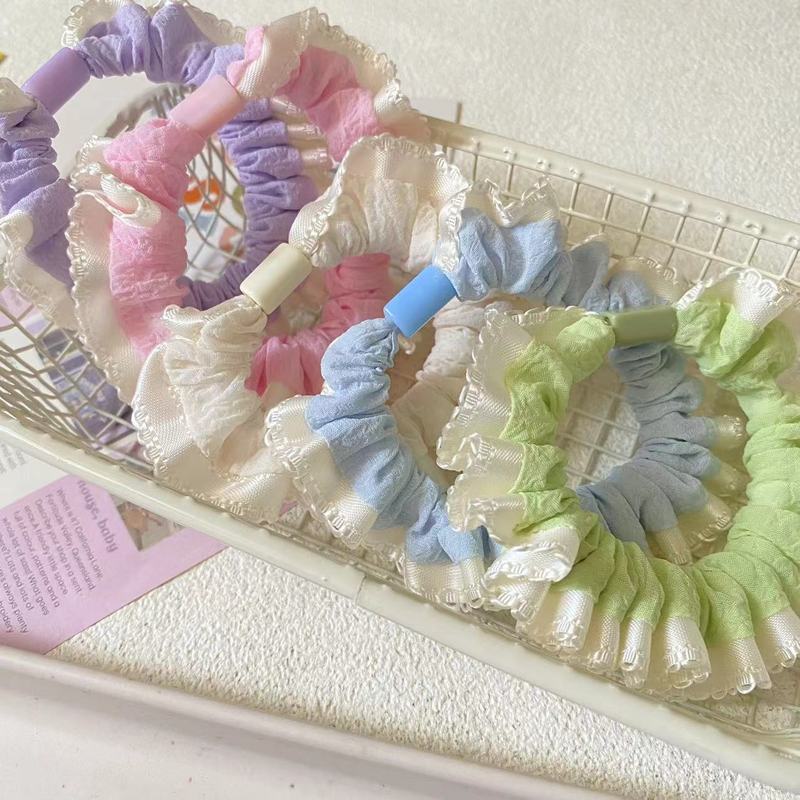 クリームパフ春色レース腸ヘアバンド甘いヘアアクセサリー気質高弾性ポニーテールヘッドバンド女性用|undefined
