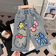 2025新款女童百搭裤子儿童宝宝休春秋季休闲卡通涂鸦宽松牛仔裤子