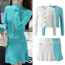 2024秋季新款圆领金属扣气质通勤时尚修身显瘦针织上衣半裙套装