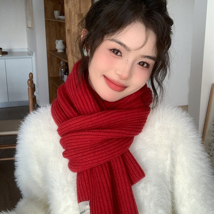 新年红色北极绒针织围巾男女款冬季圣诞节学生情侣加厚毛线围脖韩