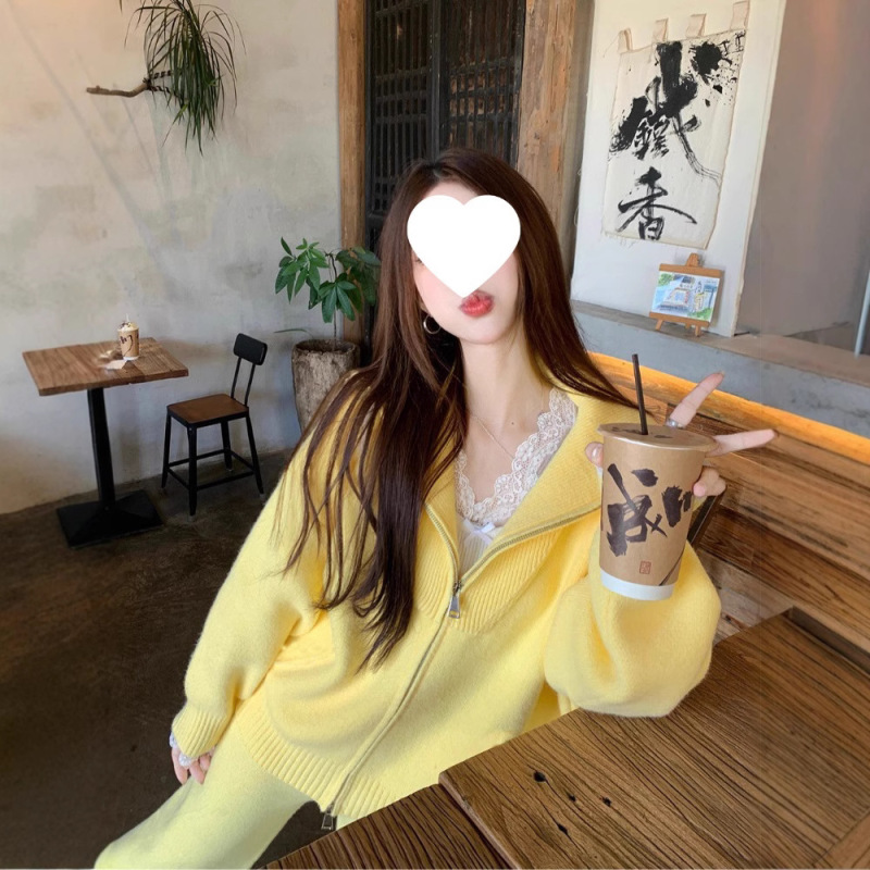 黄色宽松慵懒风时尚针织套装女秋冬新款韩版洋气休闲阔腿裤两件套|undefined