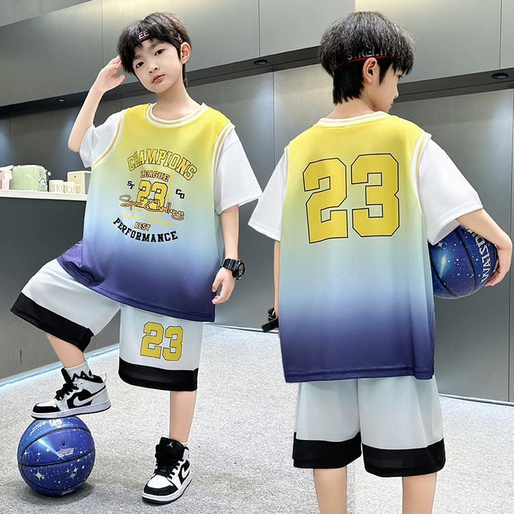 Children's Basketball Uniforms for Older Kidsren Summer Short-Sleeved Fake Two-Piece Set Boys Sports 2025 Quick-Drying New Handsome Jersey