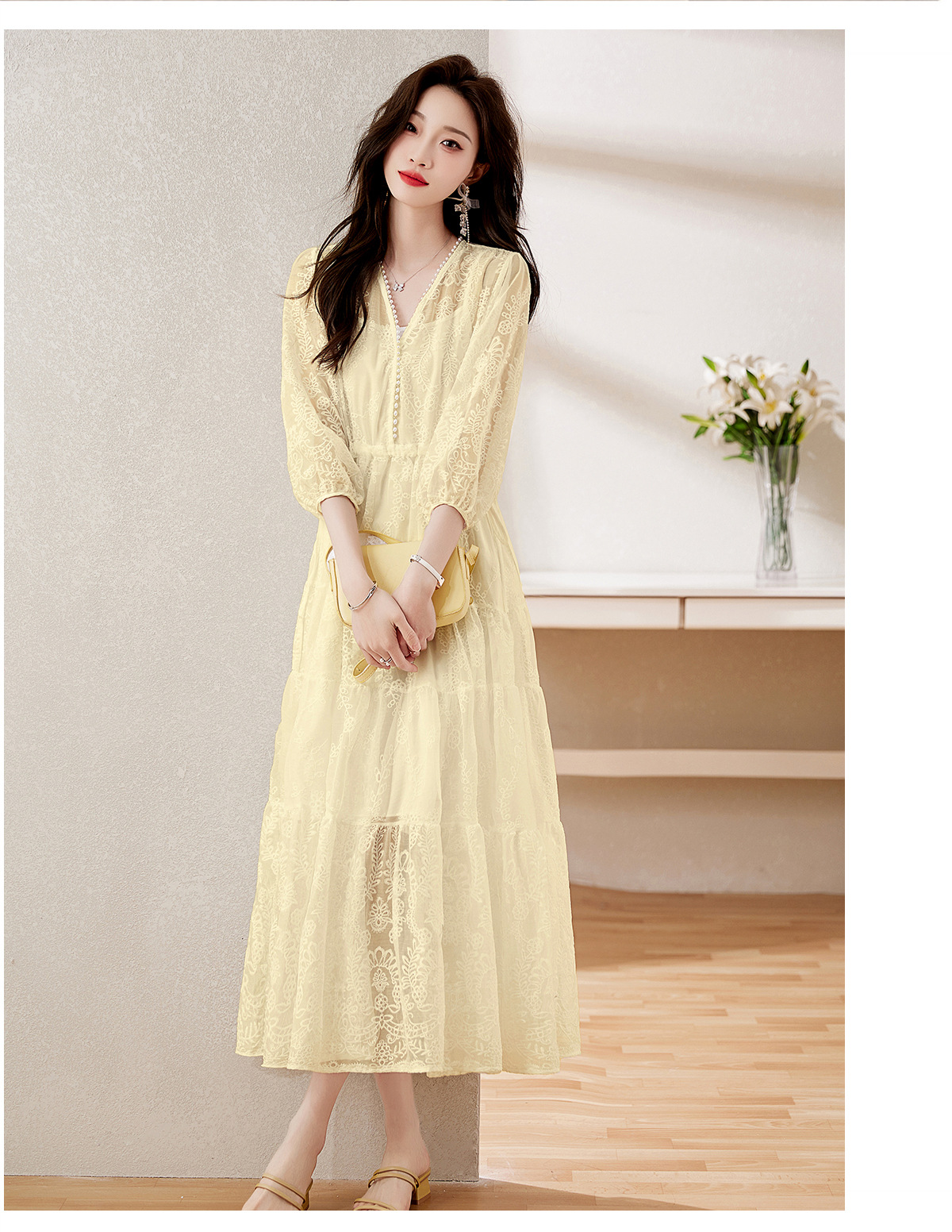Đầm maxi nữ cổ V thắt eo dáng dài thanh lịch NY1608 — xanh lam, màu tím, màu vàng chi tiết 20