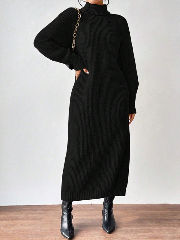 Women Clothing Woolen Pullover High Collar Long Sleeve Knitted Dress Solid Color Long Inner Wear Dress
