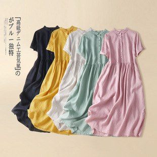 Real shot 2025 summer new literary retro plus size dress solid color loose long dress