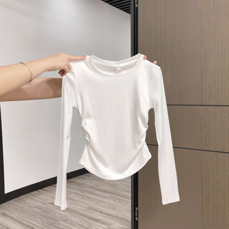 White Pleated Waist Long-Sleeved T-Shirt Women's Right Shoulder 2025 Autum Slim Inner Layering Shirt Pure Desire Top