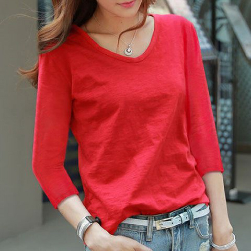 Seven-sleeve T-shirt Women's 2024 New Spring Dress Loose V-neck Red Top Slub Cotton Solid Color Sleeve Base Shirt