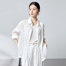 水墨【丝麻混纺】26夏通勤中长款翻领蕾丝绣花宽松上衣衬衫女2687