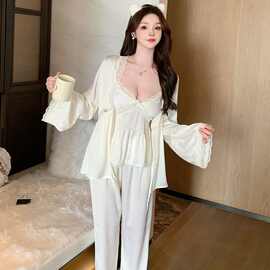 春秋性感睡衣冰丝吊带长裤开衫三件套蕾丝带胸垫高级感轻奢家居服