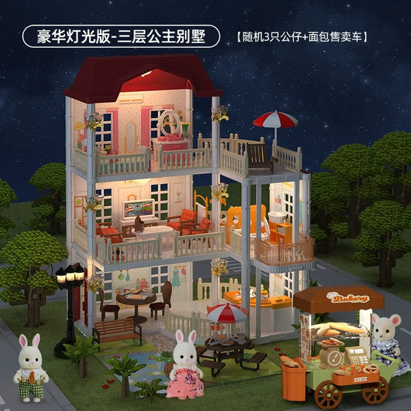 Luxury lighting version - three-story princess villa [1 street light + 3 ceiling lights + 3 dolls + bread sales cart]