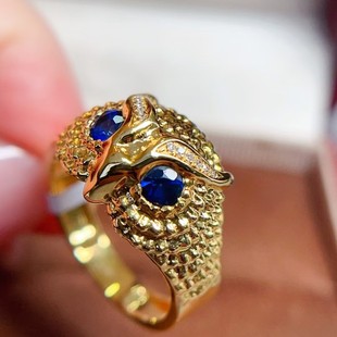 Fubei Diamond Jewelry 18K Gold Set with Sapphire Ring Royal Blue Color Owl Design Main Stone 0.5 Carat
