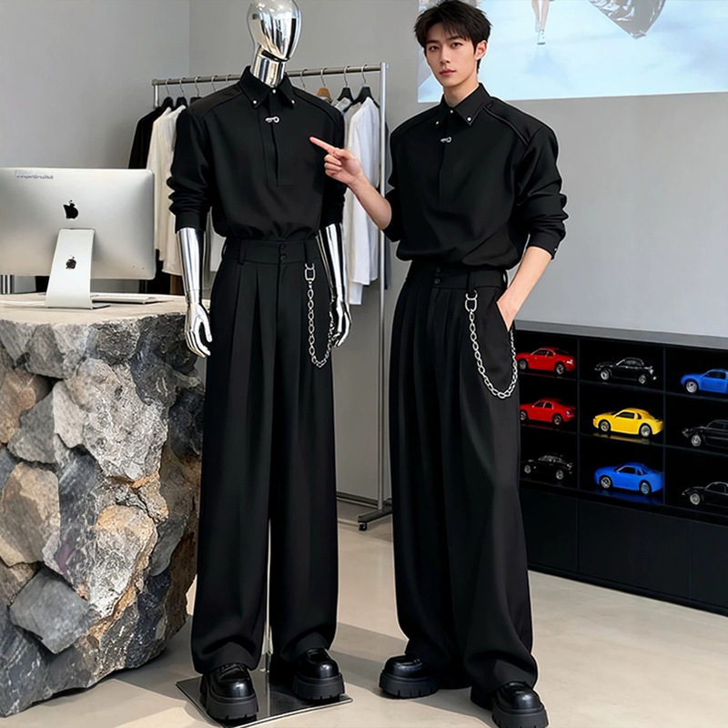 Abstinence-Style Black Long-Sleeved Shirt for Men, High-End and Cool Outfit Set Paired with Drapey Wide-Leg Trousers