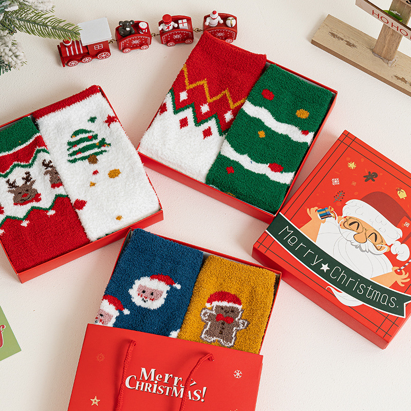 2 pairs of boxed Christmas socks double-sided velvet warm thickened Christmas gift box socks couple winter home sleep socks