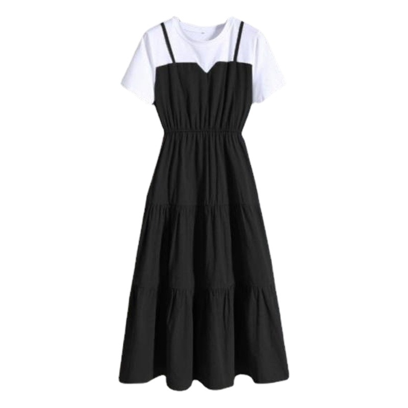 2025 Summer Plus Size Women's Fashion Suspender Fake Two-Piece Long Skirt Fat Girl Waist French Short Sleeve Dress Women