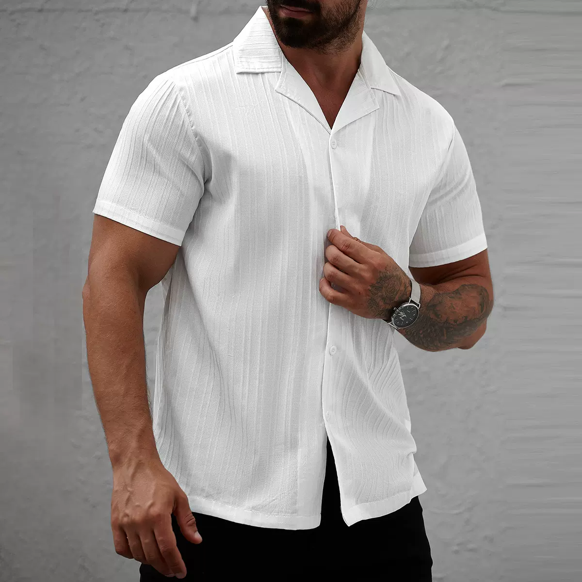 2025跨境欧美男装日常休闲短袖开衫衬衫男式纯色夏季翻领衬衫批发