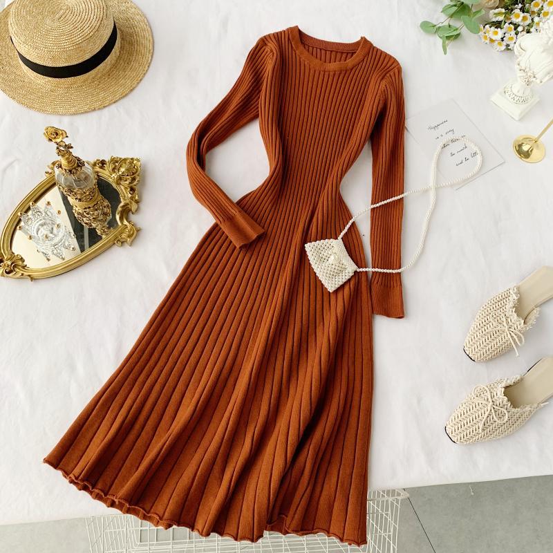 Dameskleding chique herfst en winter nieuwe over de knie bottoming rok effen kleur lange mouwen sexy heup gewikkeld medium lengte A-lijn gebreide jurk_voghion.com