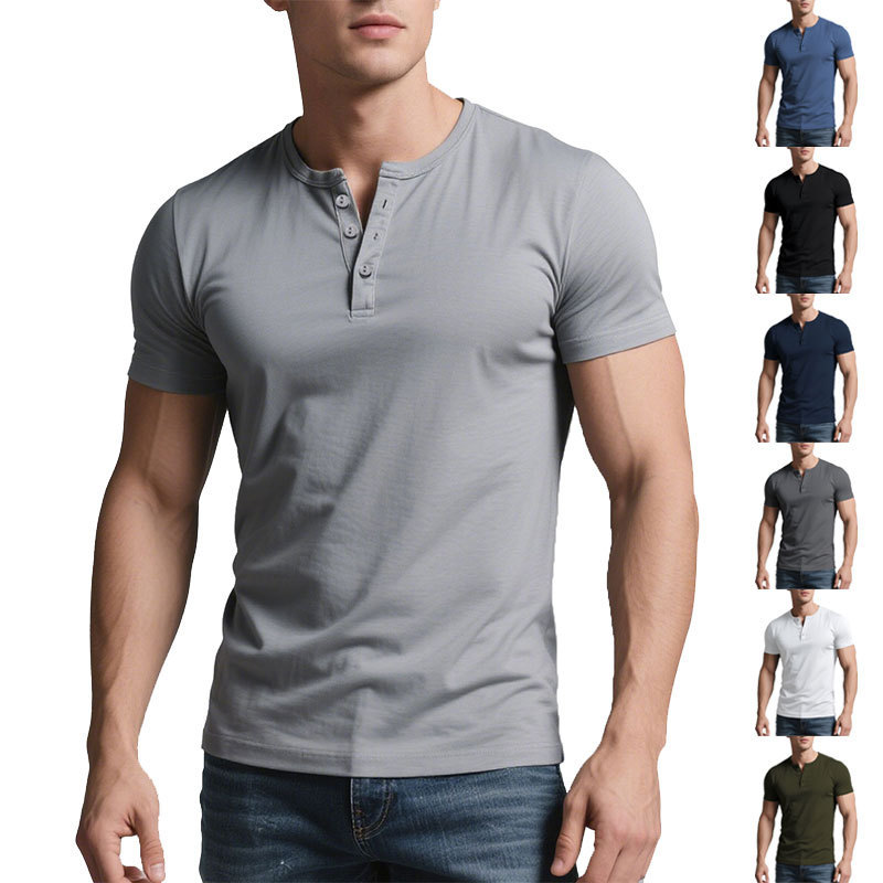 2025 European and American Cross-Border New Men's Summer Casual Henley Shirt Men's Solid Color Slim Casual Round Neck Short Sleeves 2025 European and American Cross-Border New Men's Summer Casual Henley Shirt Men's Solid Color Slim Casual Round Neck Short Sleeves