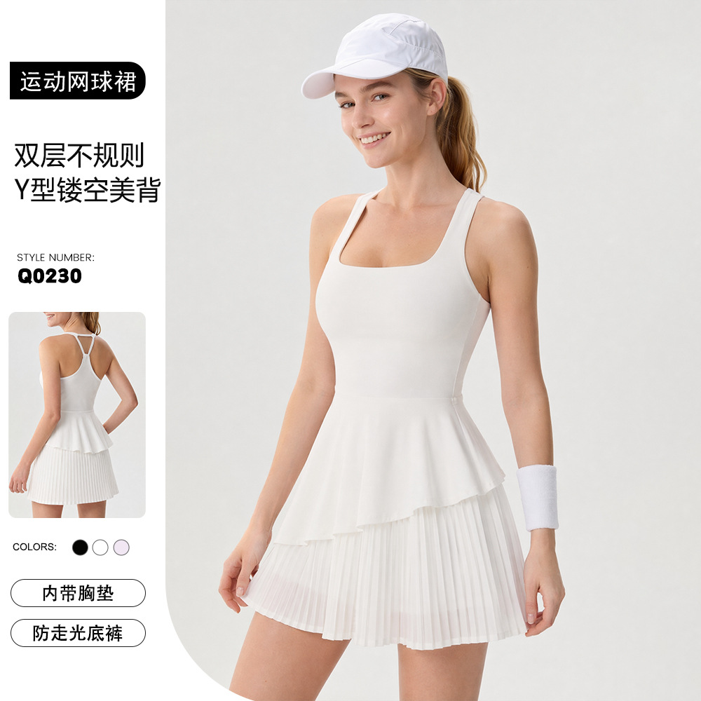 European and American style square-neck sleeveless tennis dress for women, irregular pleated sports dress with chest pads, fitness golf dress