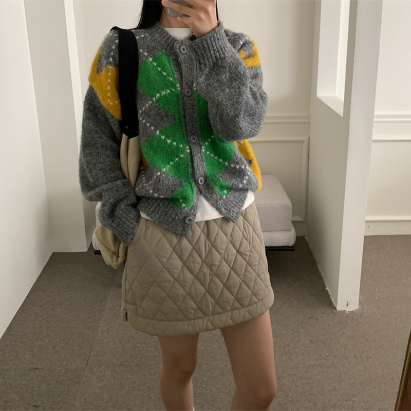 慵懒风菱形格撞色针织衫外套女2025秋冬新款高级感针织衫上衣女|undefined