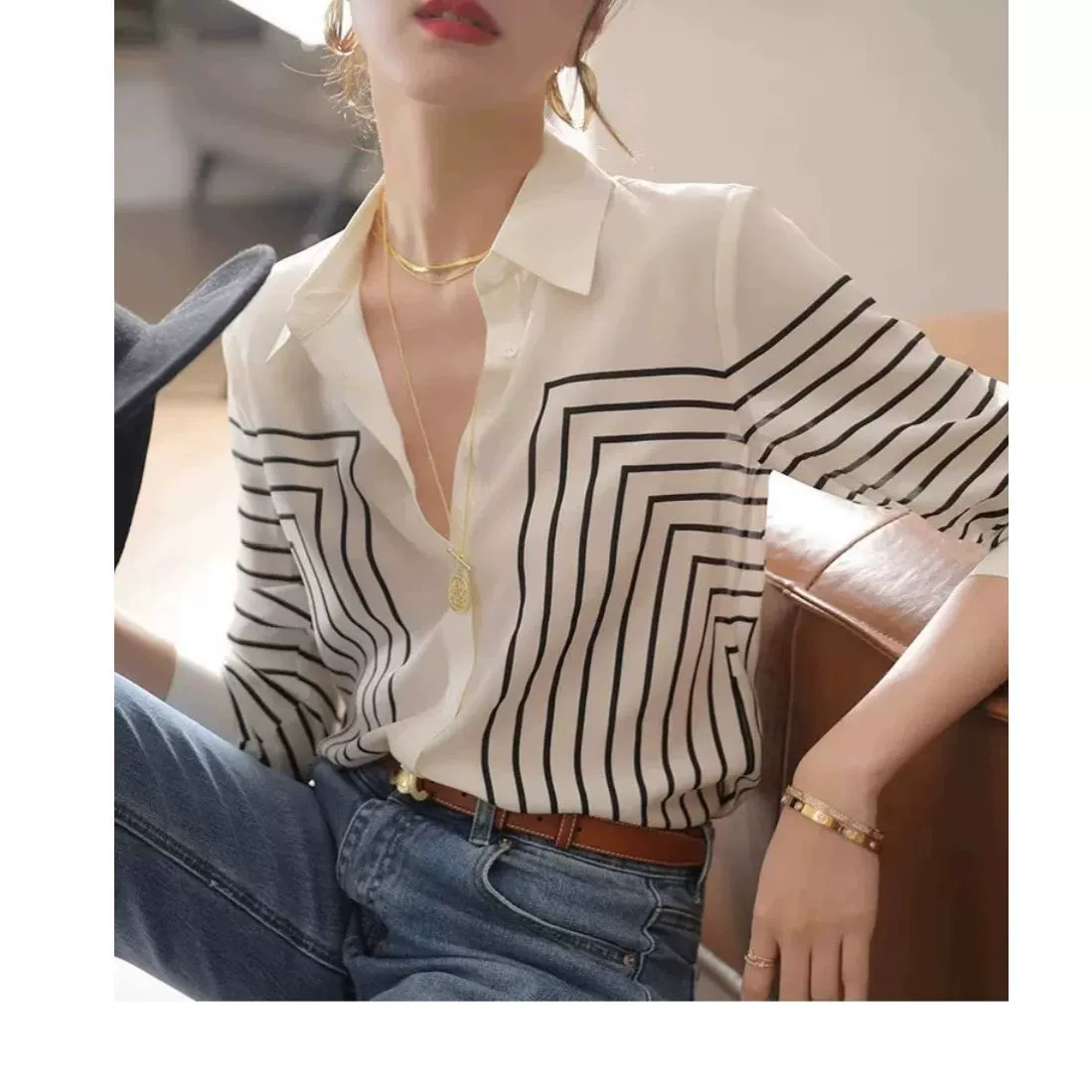 Корейская рубашка Тинси в полоску для женщин с длинными рукавами рыхлый, высококлассный темпераментный топы, тяжелые пригородные рубашки летом