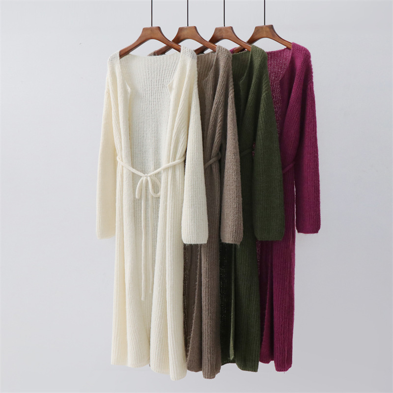 Autumn Knitted Bathrobe Sweater with Lace-up Mid-length Cardigan, Lazy, Loose, Slim, Over-the-knee Waist Long Outwear Autumn Knitted Bathrobe Sweater with Lace-up Mid-length Cardigan, Lazy, Loose, Slim, Over-the-knee Waist Long Outwear