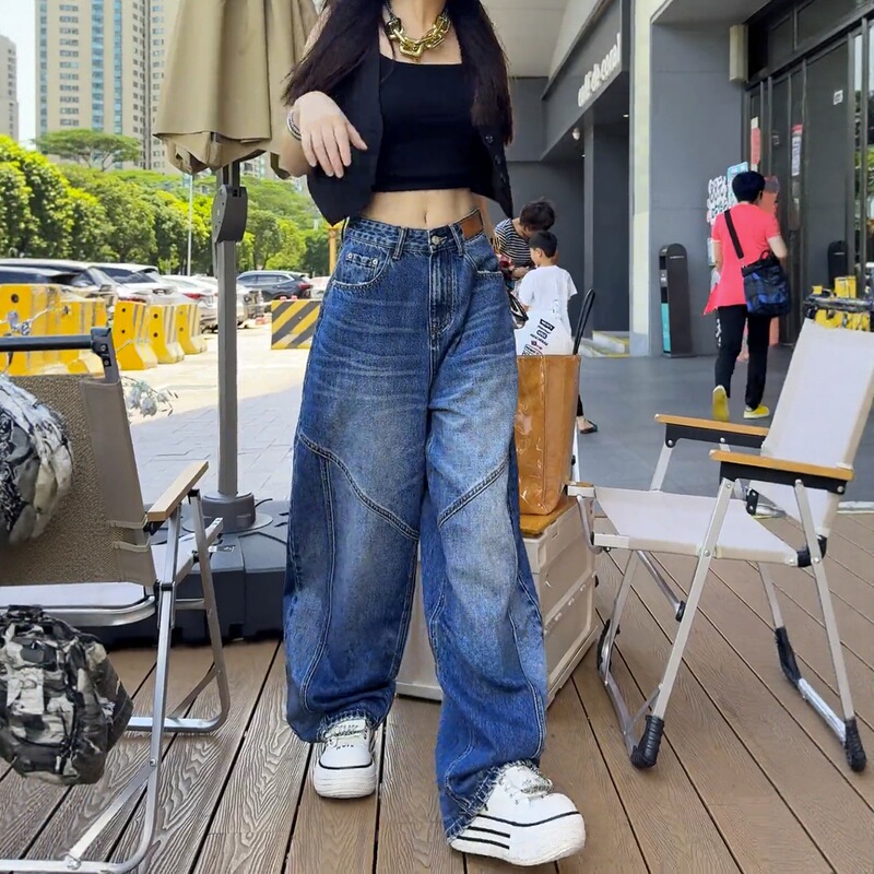 大码阔腿牛仔裤女秋季新款高腰胖显瘦宽松复古美式直筒裤子|undefined